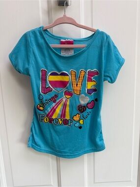Diva Girls 4 Blue Short Sleeve "LOVE Forever" Rainbow Graphic Tee Top Blouse